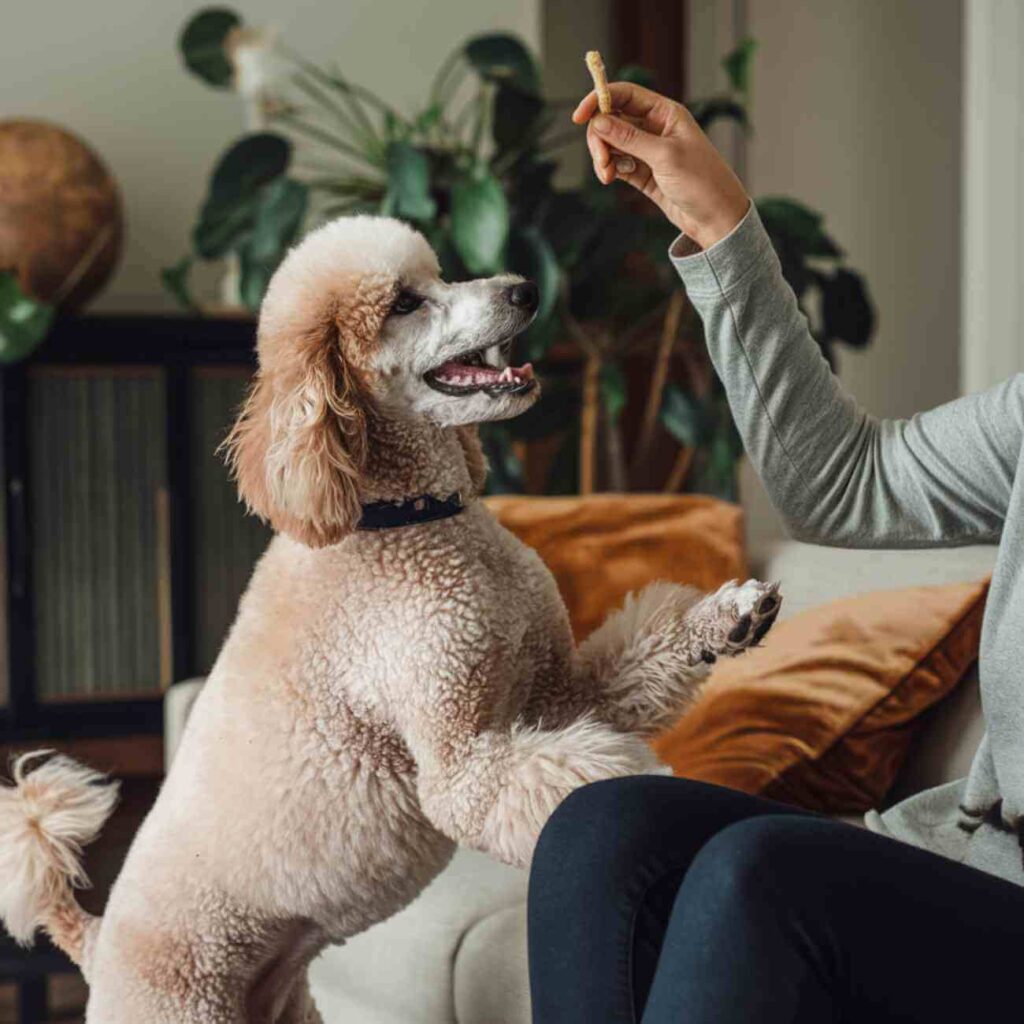 Un chien de race assis sur un canapé, illustrant la règle des noms imposés pour les chiens LOF en 2025.