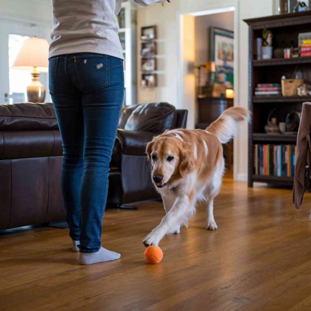 Un chien de race attentif à son maître dans un salon, illustrant la règle des noms imposés pour les chiens LOF en 2025