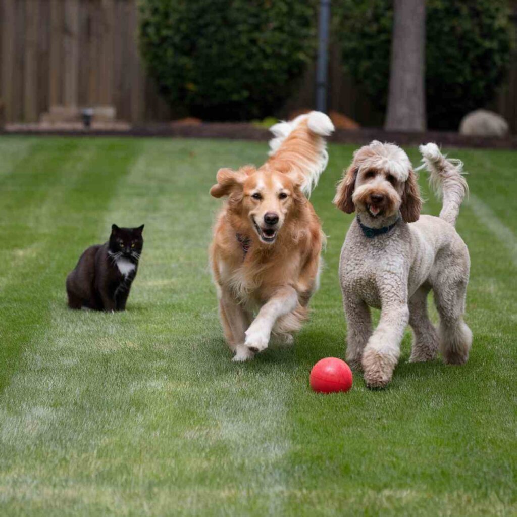 Deux chiens en plein jeu sur une pelouse verte, accompagnés d'un chat noir en arrière-plan, illustrant les nouvelles initiatives de Clermont-Ferrand pour le bien-être animal.