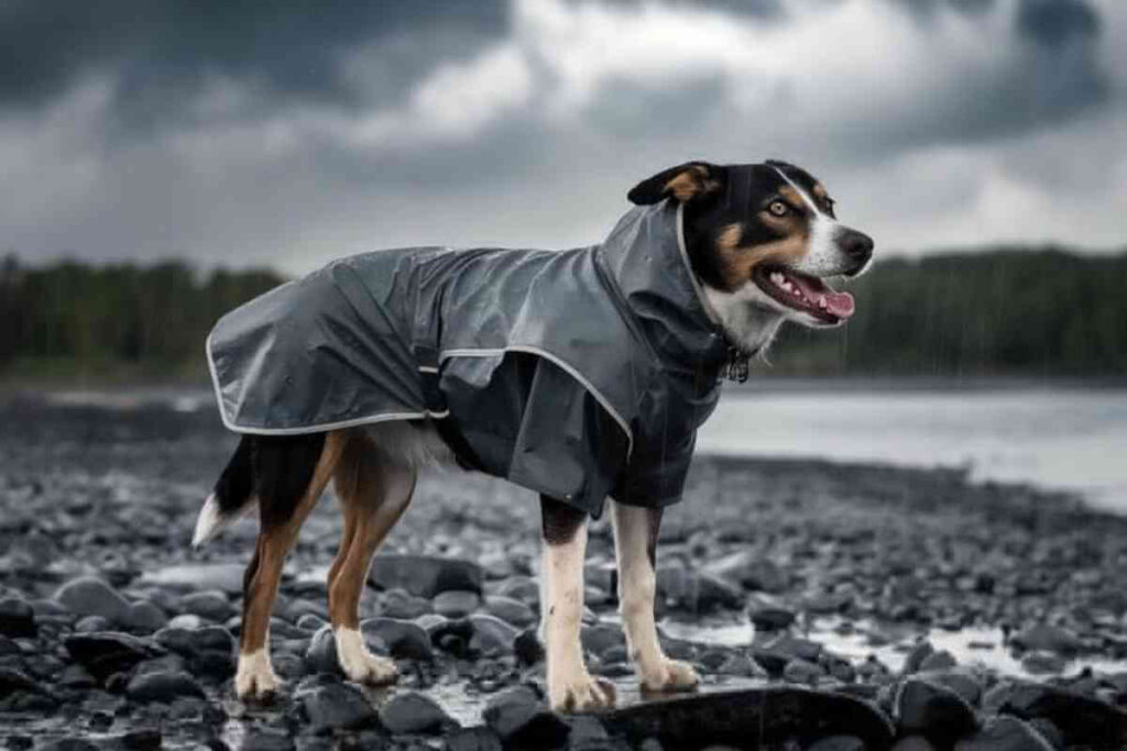 Chien portant un manteau imperméable, marchant sur un sol humide sous un ciel menaçant, illustrant les précautions à prendre pour les animaux face au cyclone Garance.