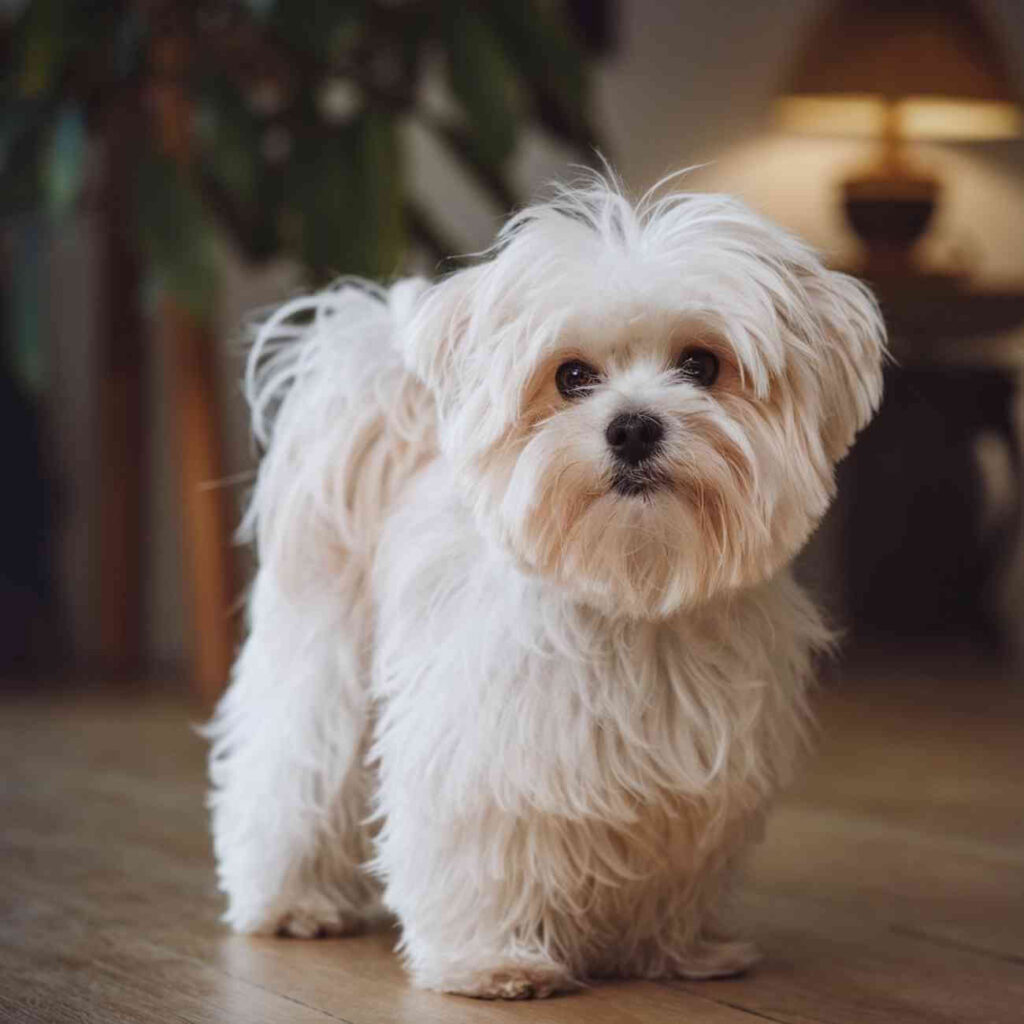 Un bichon maltais au pelage blanc soyeux debout dans une pièce chaleureuse, regard attentif et affectueux.