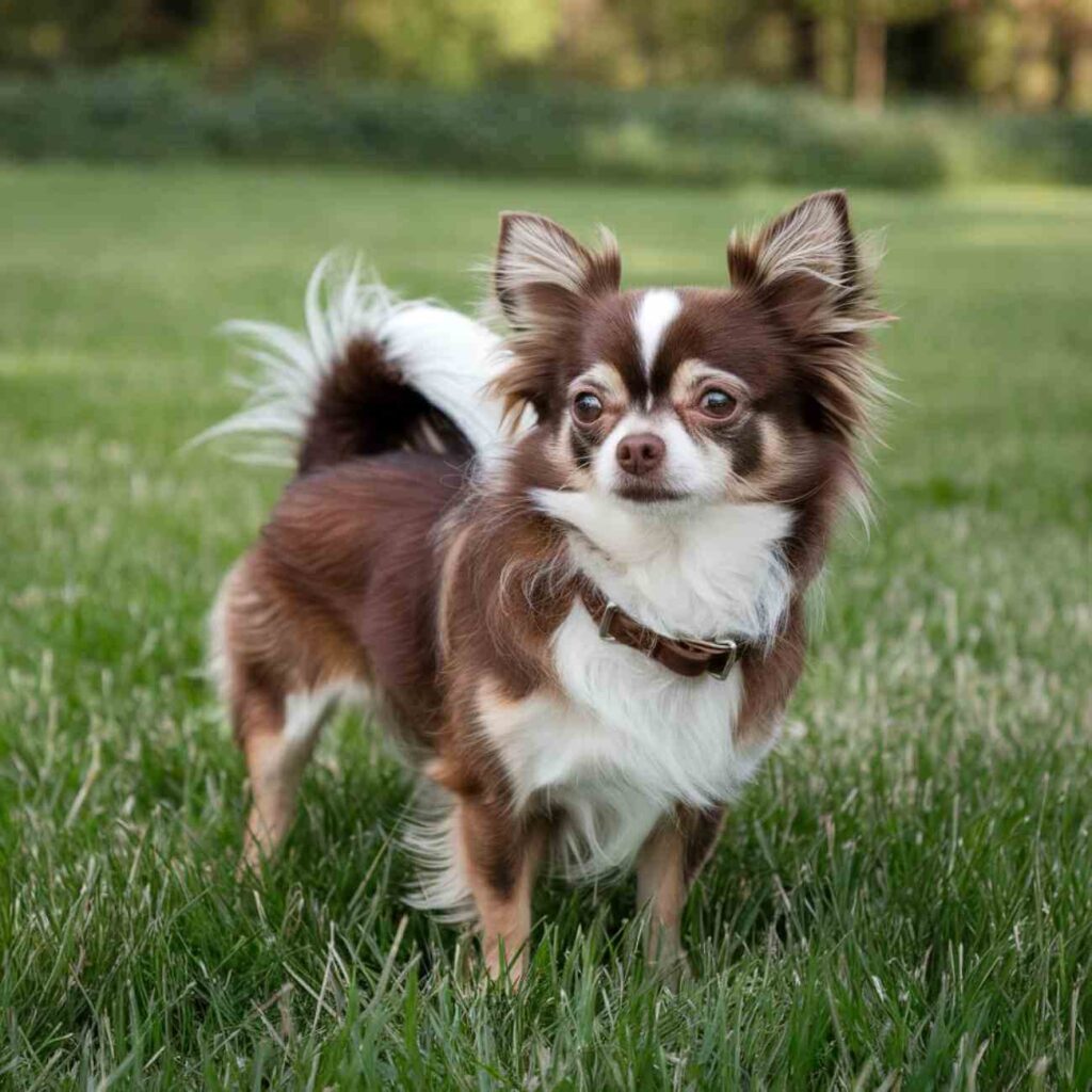 Un chihuahua marron et blanc debout sur une pelouse, attentif et énergique.