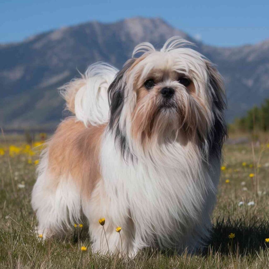 Un lhassa apso au long pelage soyeux blanc et brun, debout dans un champ fleuri avec une expression noble.