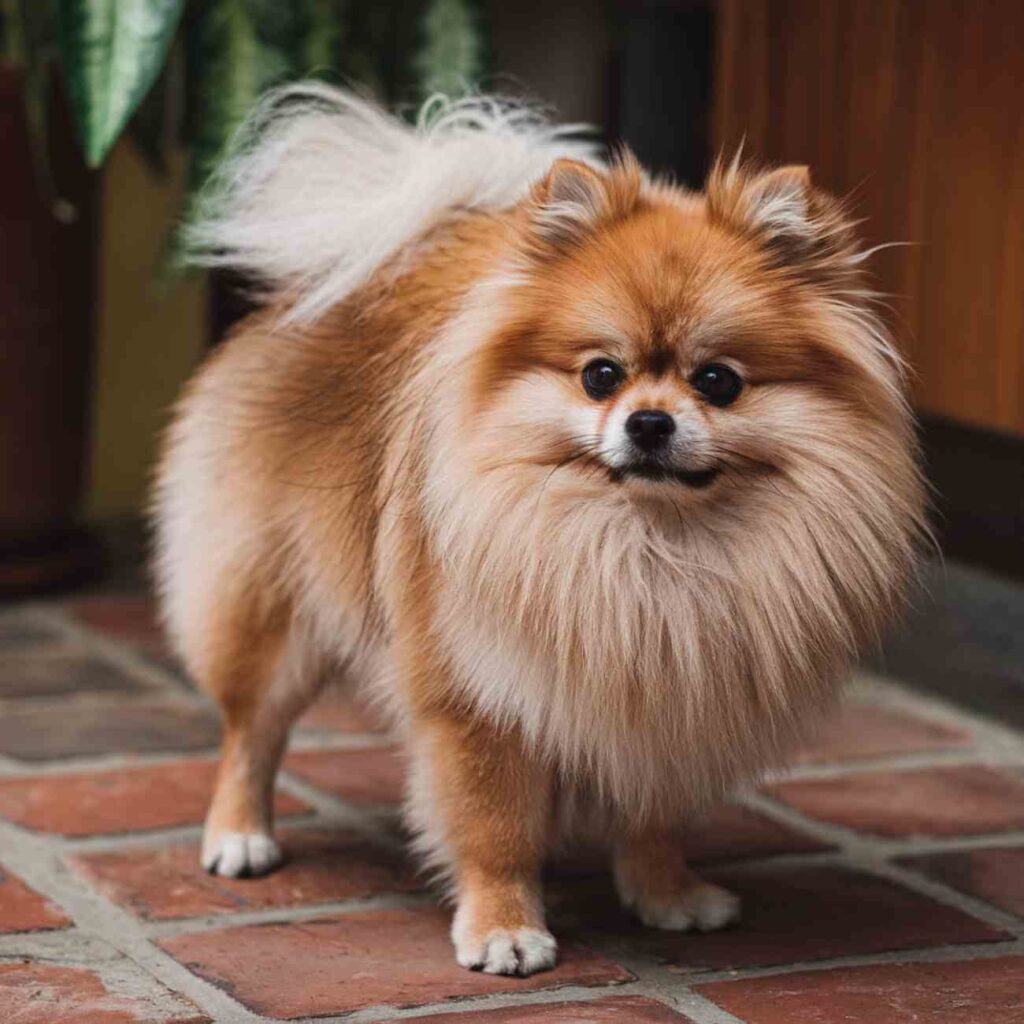 Un loulou de Poméranie au pelage épais et roux, debout sur une terrasse avec un regard vif et curieux.