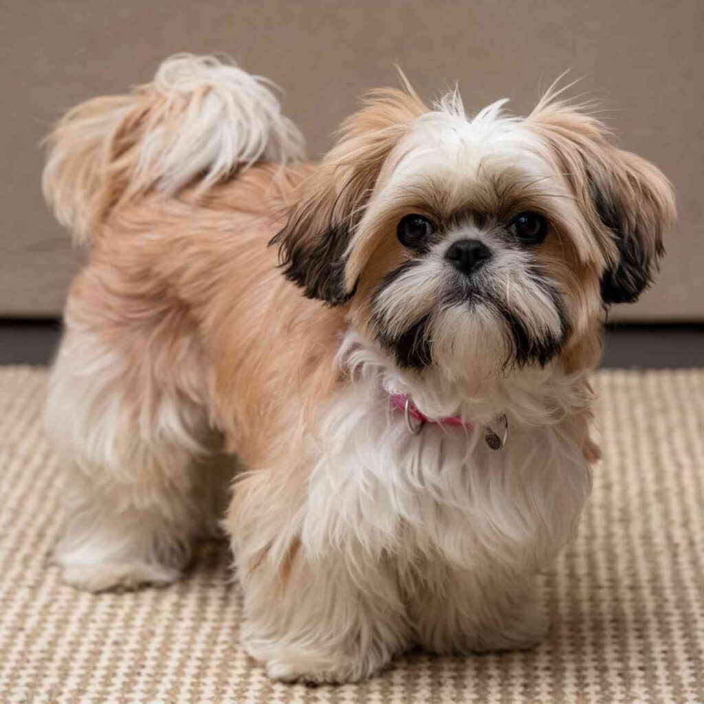 Un shih tzu au pelage soyeux beige et blanc, debout sur un tapis, regardant l’objectif avec une expression douce.