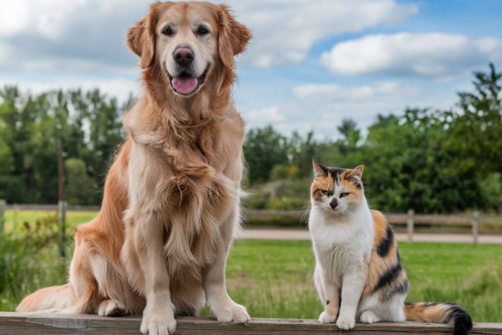 Un chien doré assis dans un jardin verdoyant, symbole du bien-être animal et de l’importance de la protection des animaux de compagnie.