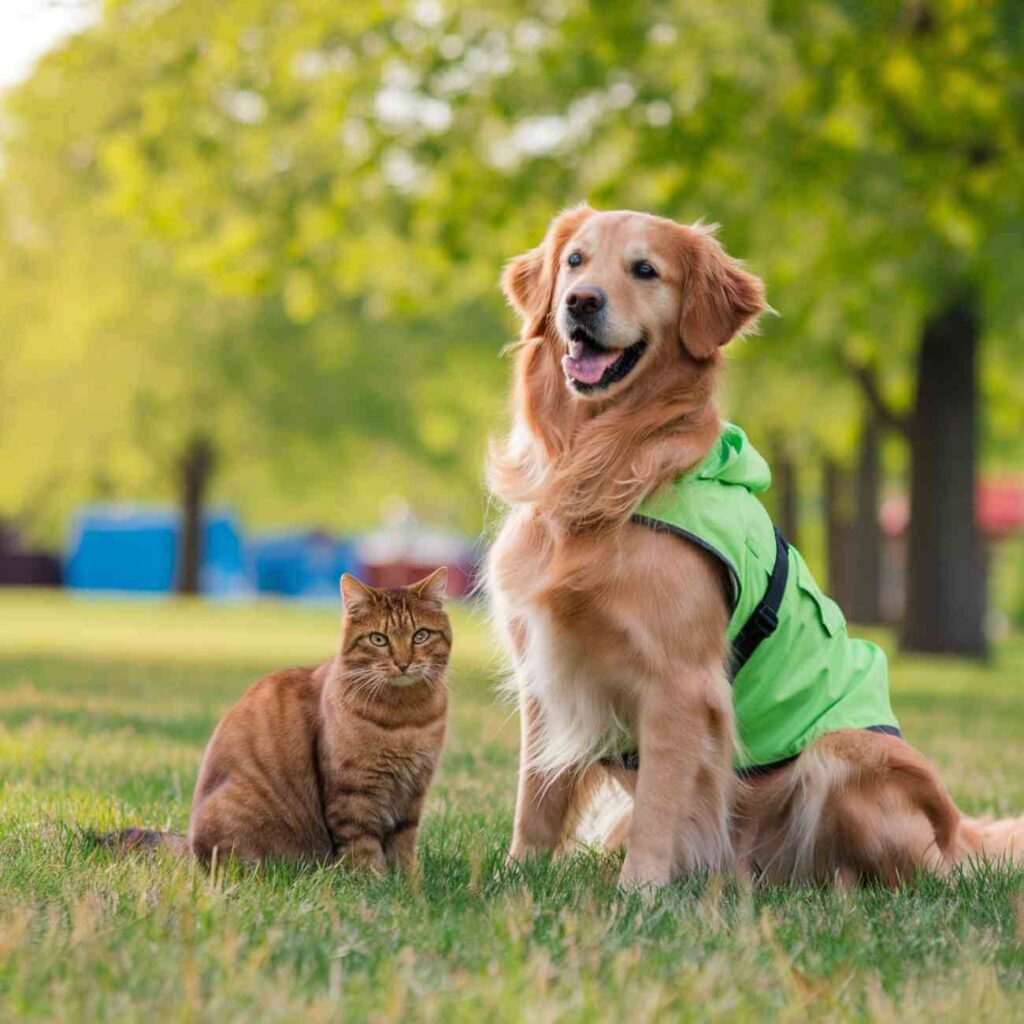 Un chien assis dans un parc, regardant attentivement l'objectif, symbole de l'importance de protéger les animaux contre les abus de la vente en ligne.