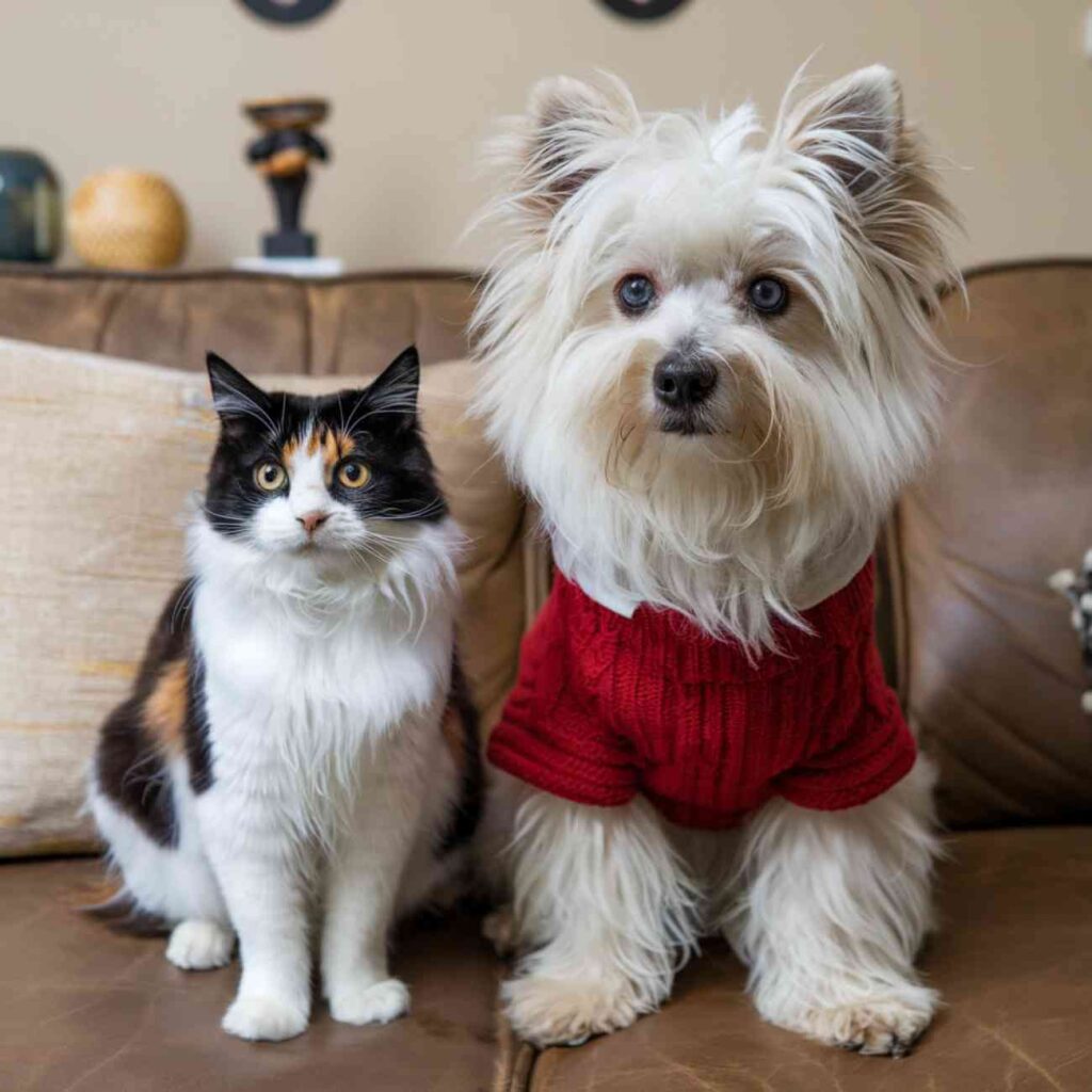 Un chien et un chat posant ensemble à l'intérieur, symbolisant l’harmonie et la nécessité de protéger les animaux de compagnie des dérives de la vente en ligne.