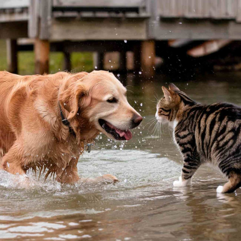 Un chien et un chat se reniflant amicalement à l’extérieur, symbolisant l’importance du respect et du bien-être animal dans le cadre de la lutte contre la vente en ligne d’animaux.