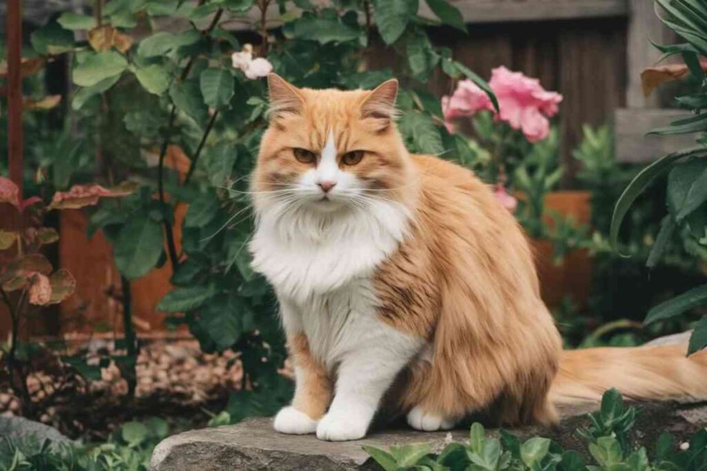 Un chat roux et blanc assis dans un jardin verdoyant, regardant paisiblement autour de lui.