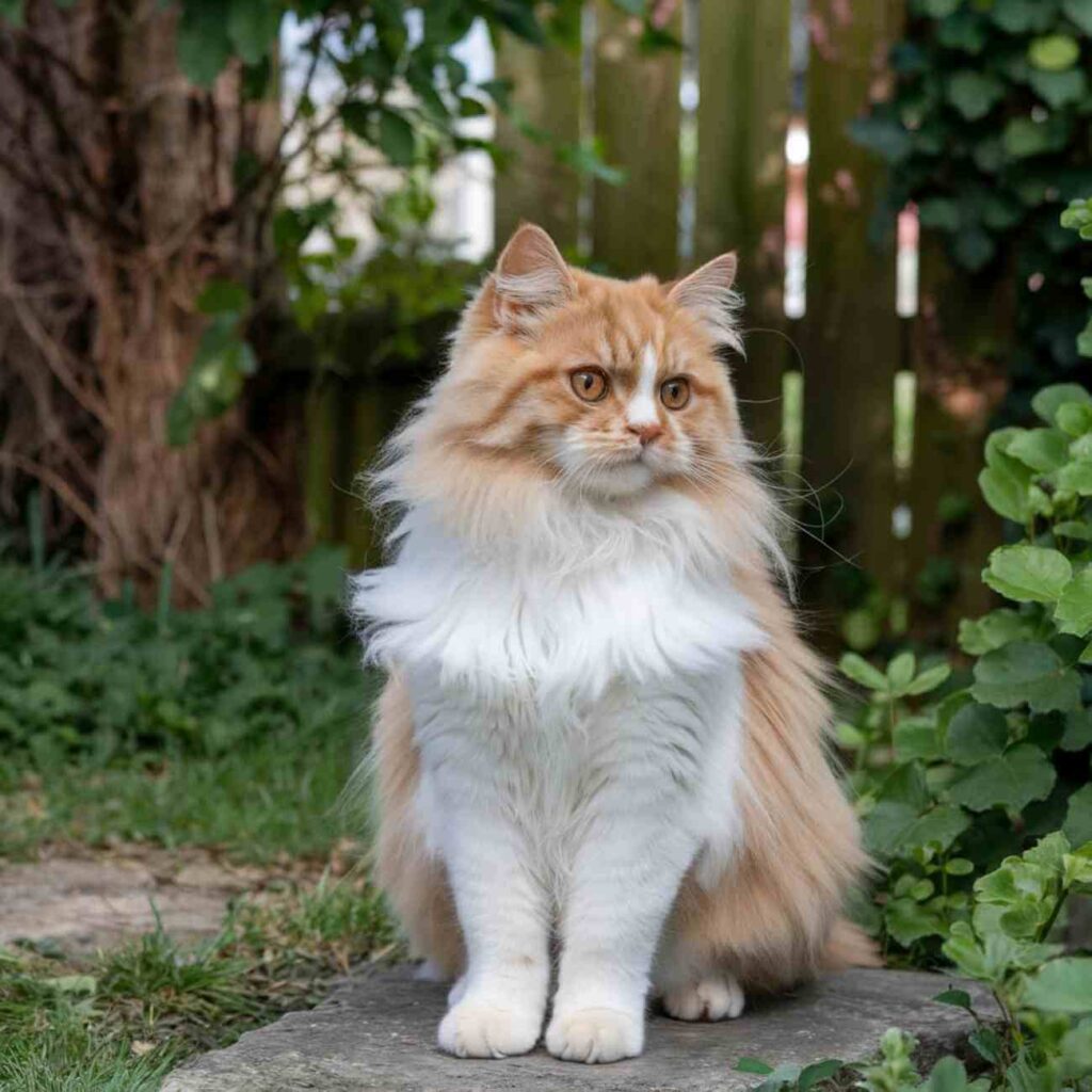 Un magnifique chat roux et blanc assis dans un jardin verdoyant, observant son environnement avec élégance et sérénité.