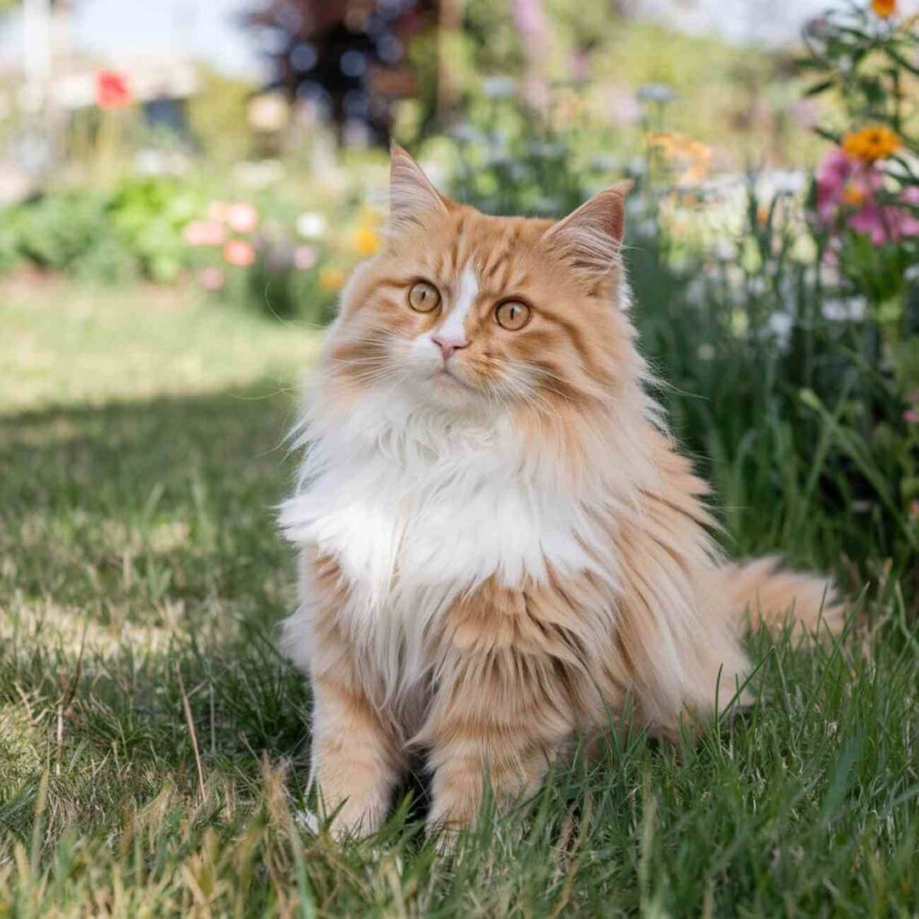 Un chat roux et blanc majestueux assis dans l’herbe, observant son environnement avec calme et sérénité.