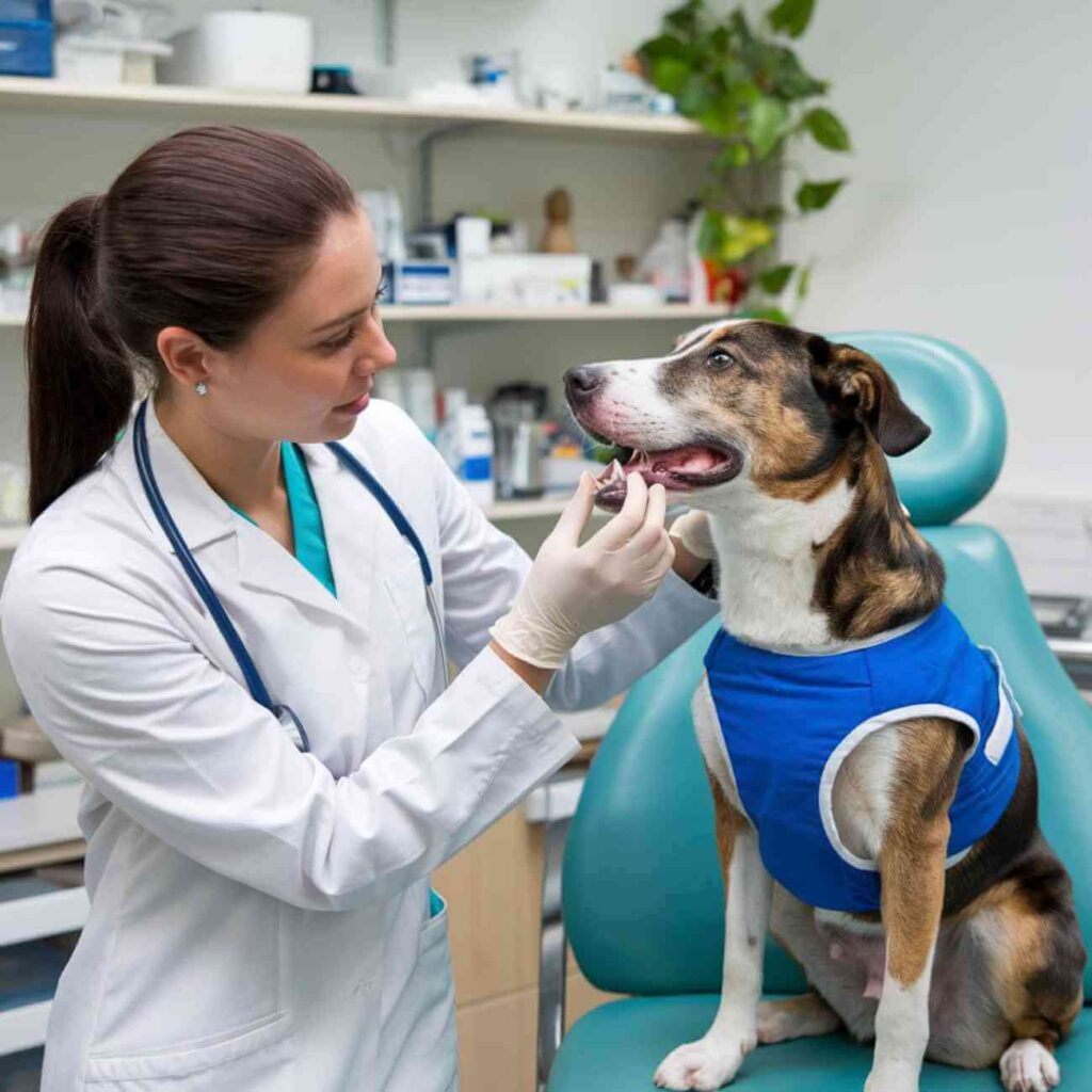 Une vétérinaire examine un chien en clinique, illustrant le rôle des professionnels de la santé animale et l'importance des soins vétérinaires pour les chiens.