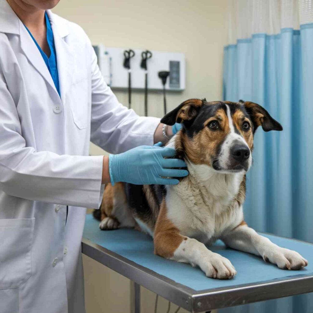 Un vétérinaire examine un chien allongé sur une table d'examen, illustrant les soins médicaux prodigués aux animaux en clinique vétérinaire.