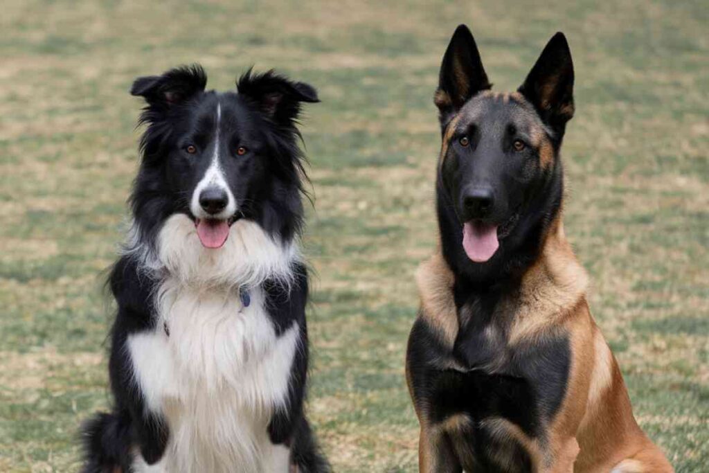 Un Border Collie noir et blanc et un Malinois belge assis côte à côte sur une pelouse, illustrant la comparaison de leur intelligence.