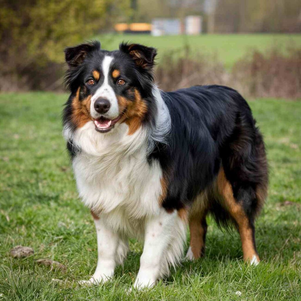 Un Border Collie tricolore debout sur une pelouse, attentif et prêt à interagir, illustrant son intelligence et sa vivacité.