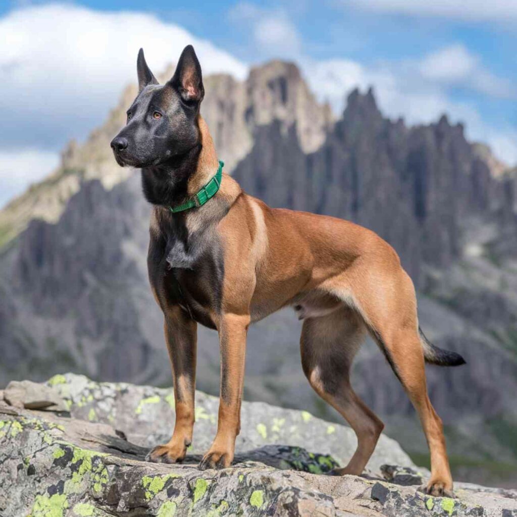 Un Malinois belge debout sur un rocher en montagne, regardant au loin avec une posture alerte et confiante, illustrant son intelligence et sa détermination.