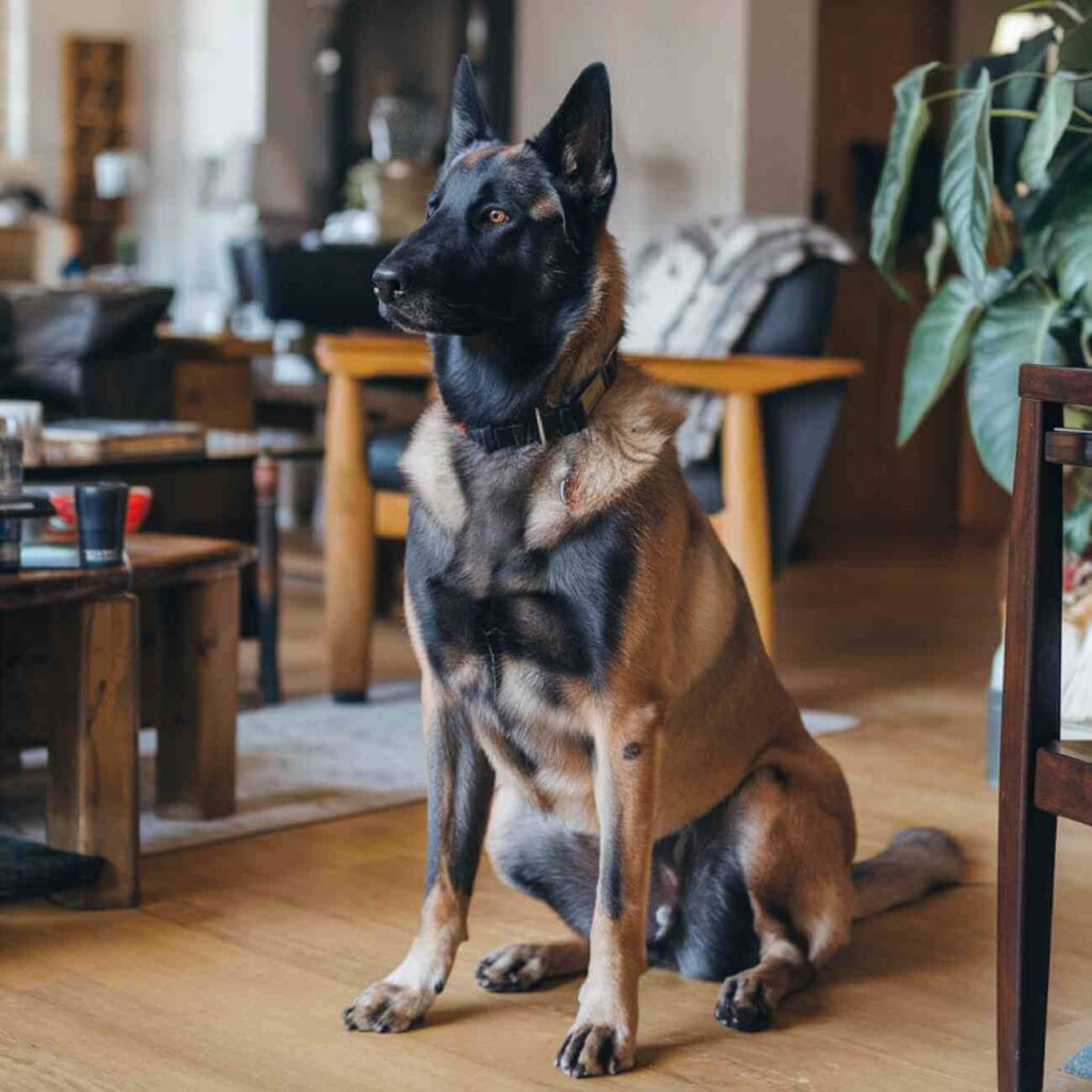 Un berger malinois debout dans un salon familial, représentant la race de chien impliquée dans l'attaque tragique