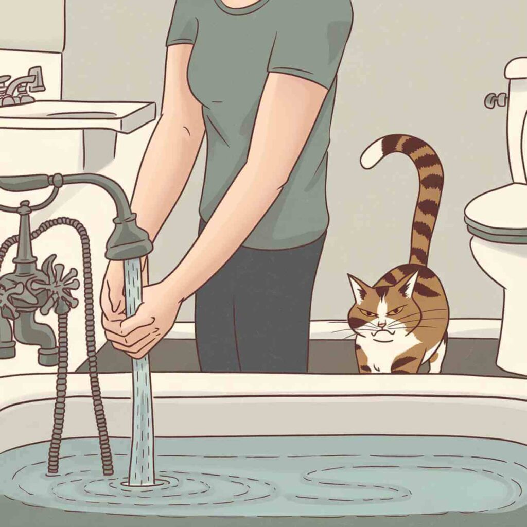 Illustration d’un chat tentant de fuir un bain tandis que son propriétaire essaie de le laver dans une baignoire.