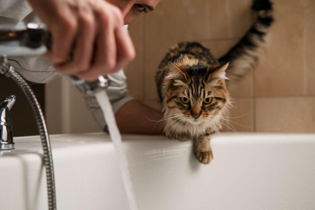 Chat mouillé tentant de s’échapper d’une baignoire pendant un bain.