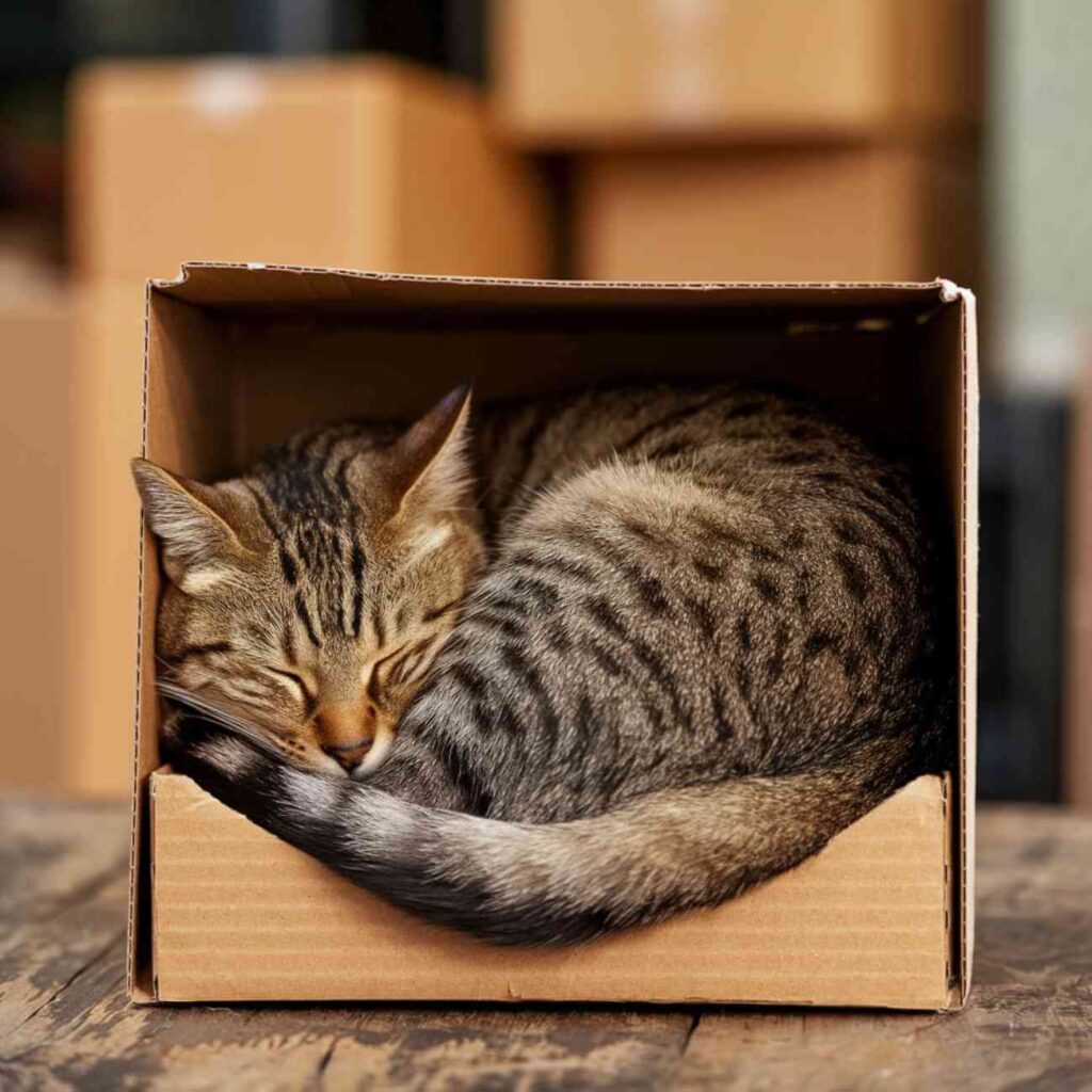 Un chat tigré dort recroquevillé dans un espace restreint, illustrant un besoin de sécurité et de réconfort.