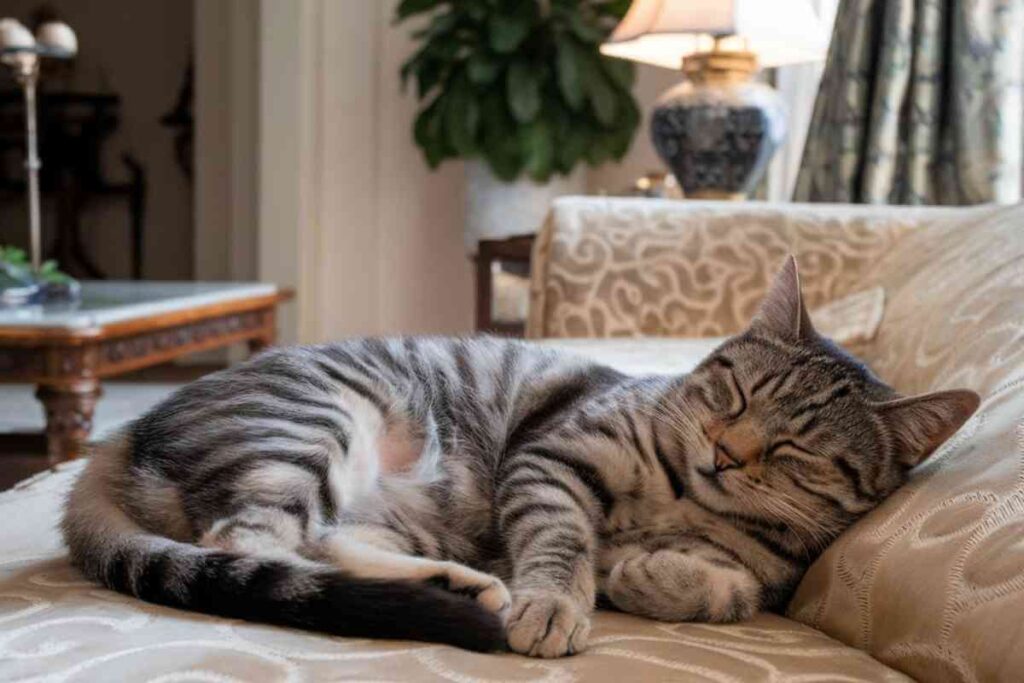 Un chat tigré dort paisiblement sur un canapé, allongé sur le côté, illustrant l'une des positions de sommeil des félins.