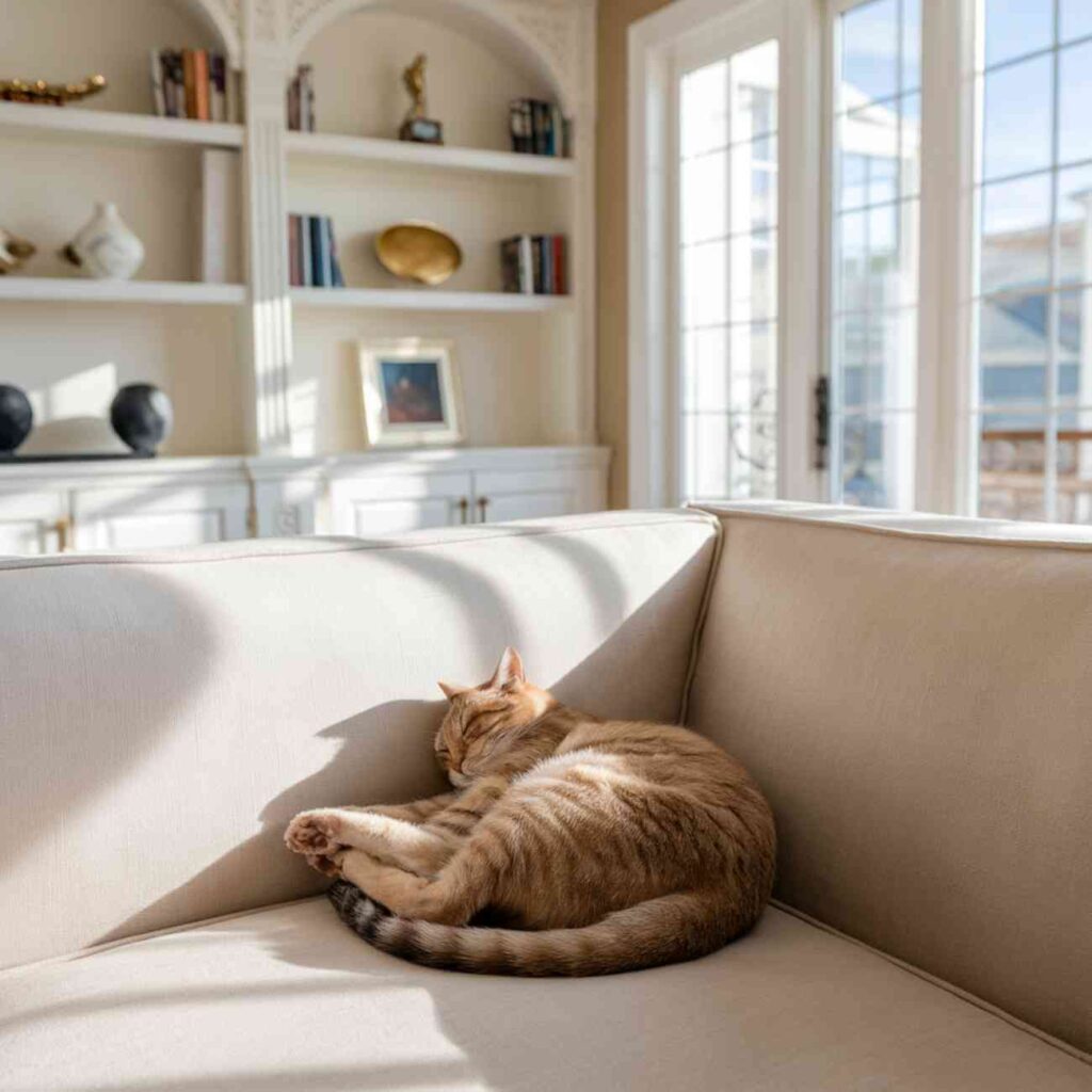 Un chat roux dort en boule sur un canapé beige, illustrant une posture naturelle de repos et de sécurité.