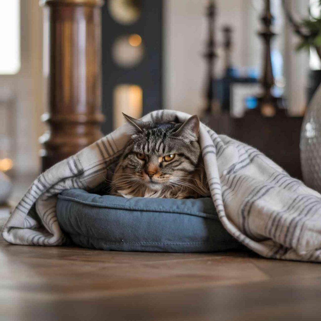 Un chat noir dort en boule sur une surface en bois, illustrant une posture de sommeil qui procure chaleur et sécurité.