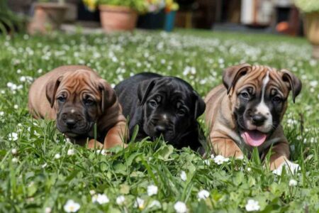 Trois chiots assis dans l'herbe, représentant la rareté et l'exclusivité des chiens de race prisés par les collectionneurs.