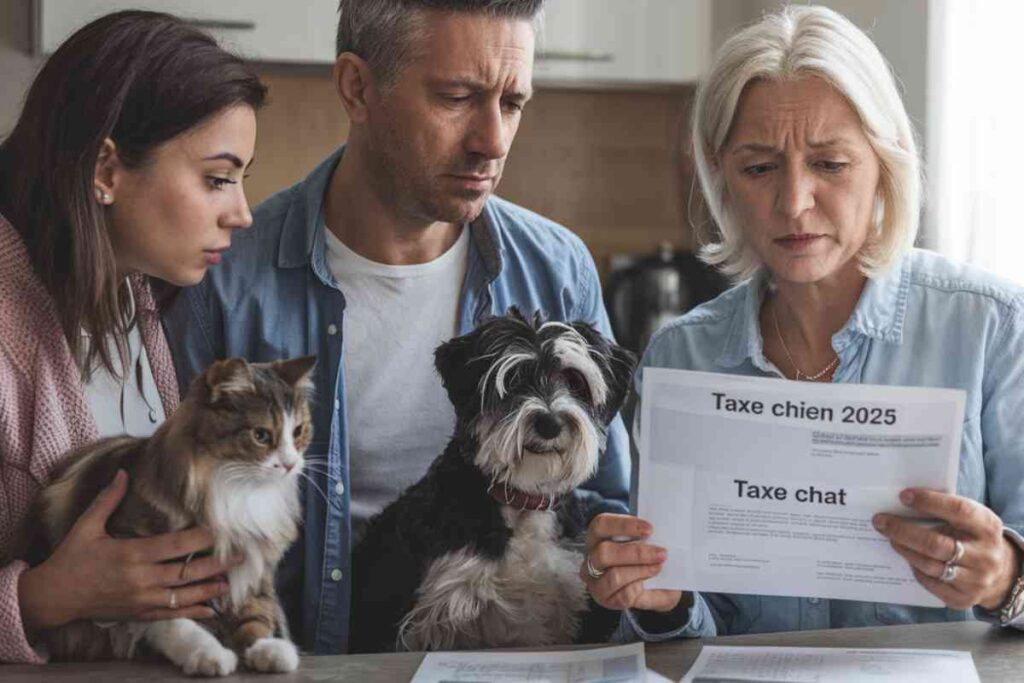 Famille française préoccupée découvrant une lettre annonçant la taxe chien 2025 et taxe chat, avec leurs animaux à la maison.
