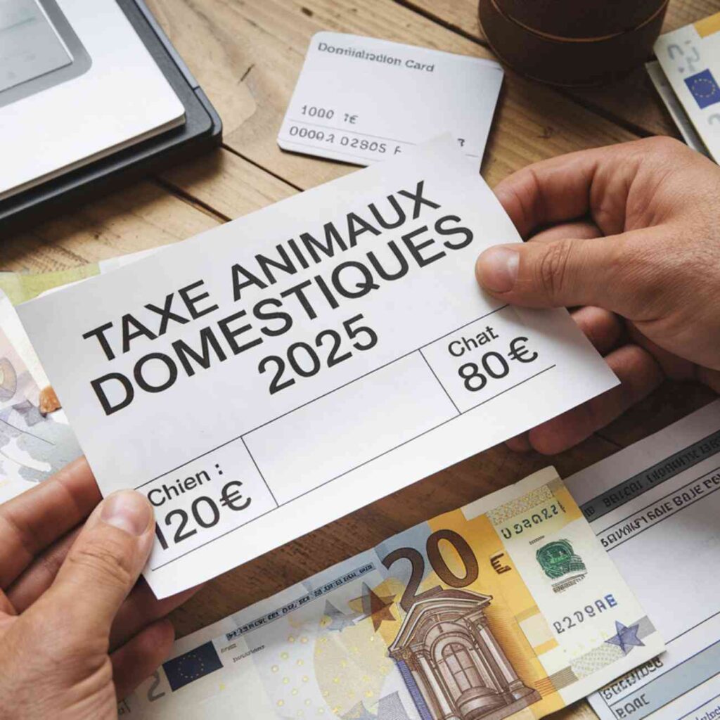 Facture de la taxe animaux domestiques 2025 sur une table, avec billets d’euros, mains humaines et documents officiels.