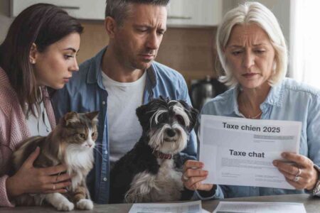 Famille française préoccupée découvrant une lettre annonçant la taxe chien 2025 et taxe chat, avec leurs animaux à la maison.