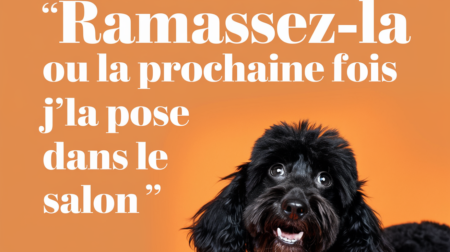 Un chien noir vu de dos avec un message humoristique en haut de l’image : "Ramassez-la ou la prochaine fois j’la pose dans le salon" sur fond orange.