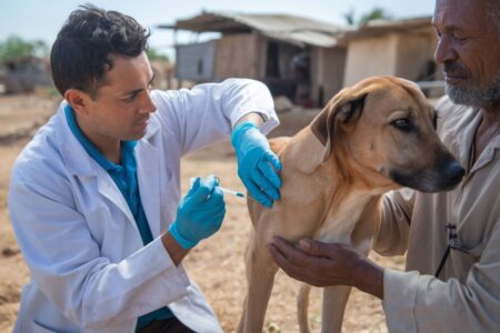Un vétérinaire tunisien administre un vaccin contre la rage à un chien, dans le cadre d'une campagne de vaccination à Siliana en 2024.