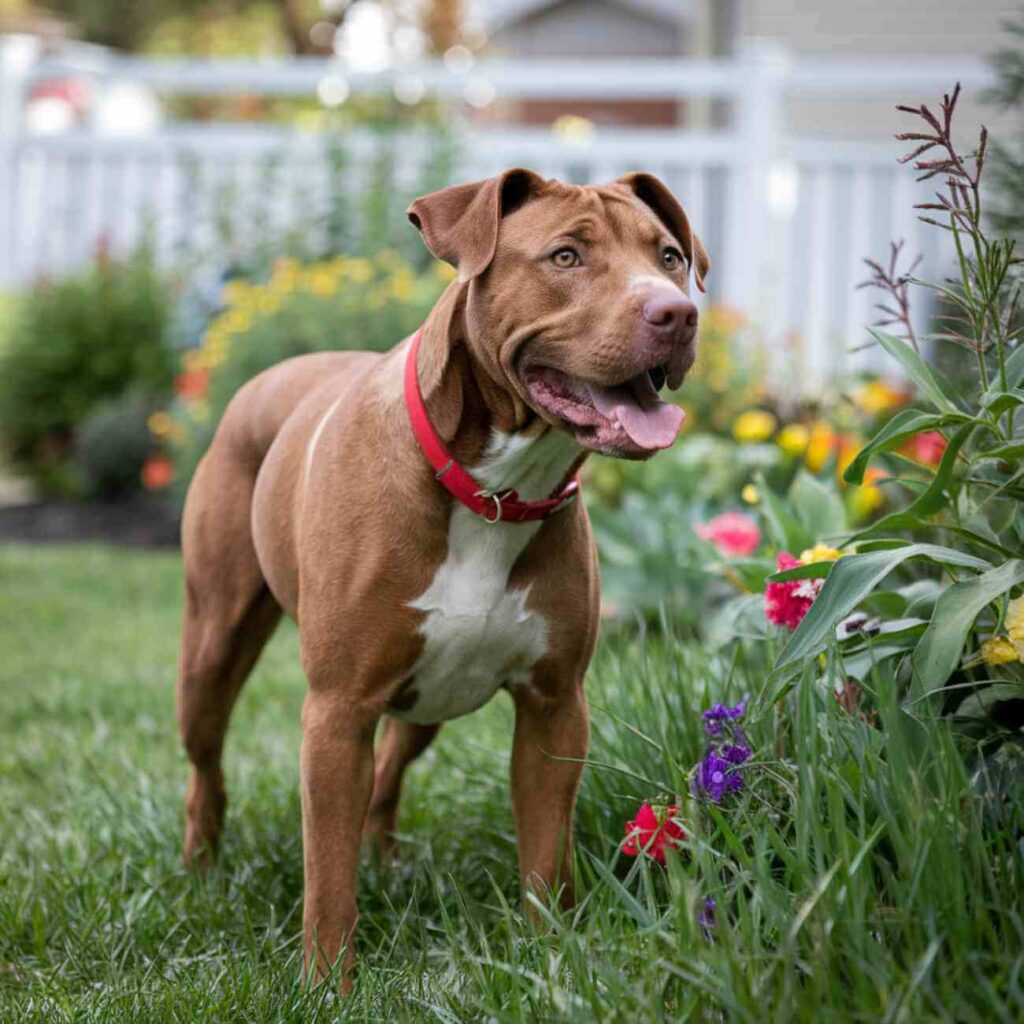 Un chien attaché avec un collier rouge dans un jardin fleuri, regardant sur le côté.