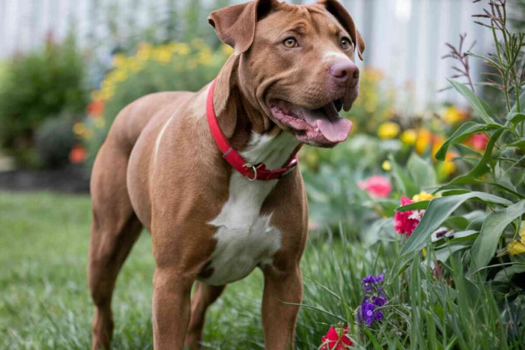 Un chien attaché avec un collier rouge dans un jardin fleuri, regardant sur le côté.