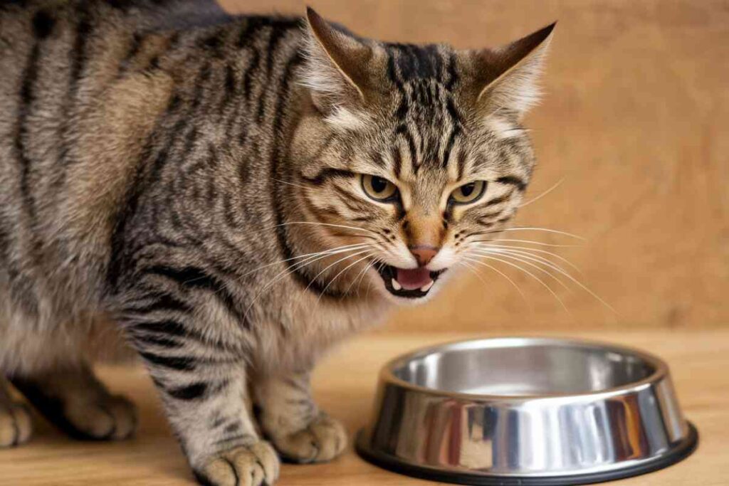 Chat tigré miaulant devant une gamelle vide pour réclamer de la nourriture