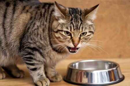 Chat tigré miaulant devant une gamelle vide pour réclamer de la nourriture
