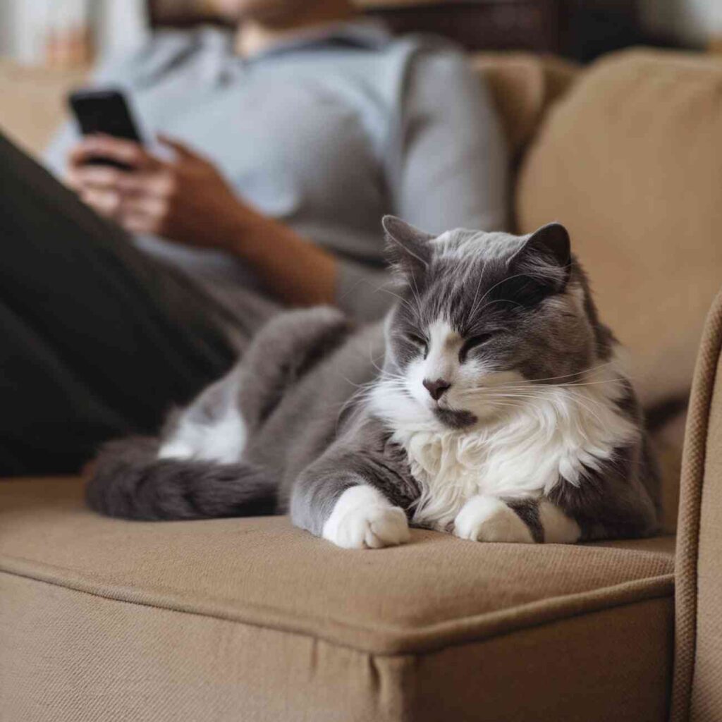 Chat tigré assis seul sur un canapé, regardant autour de lui avec insistance