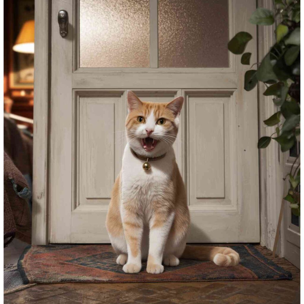 Chat qui miaule devant une porte fermée pour demander à sortir ou rentrer