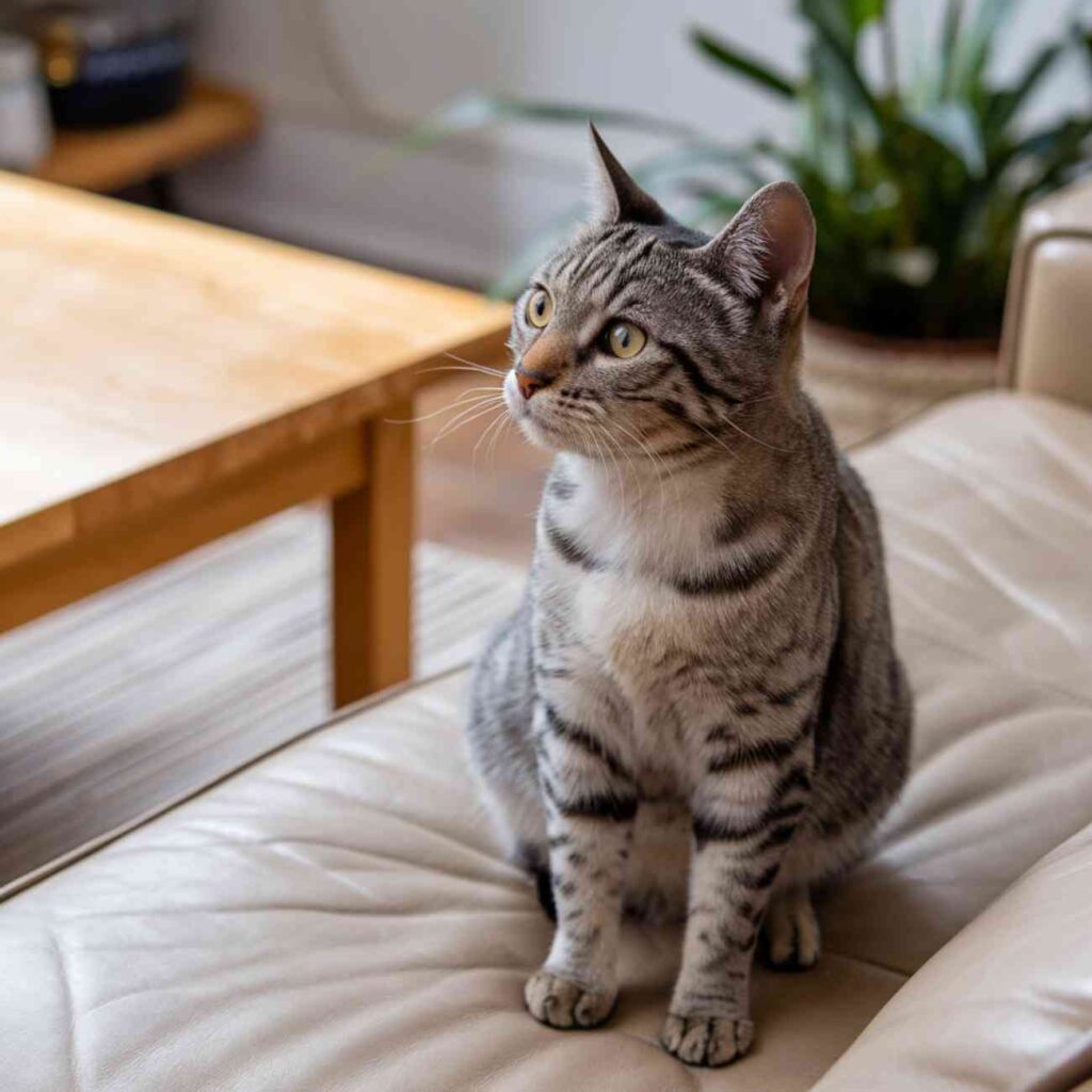 Chat tigré assis seul sur un canapé, regardant autour de lui avec insistance