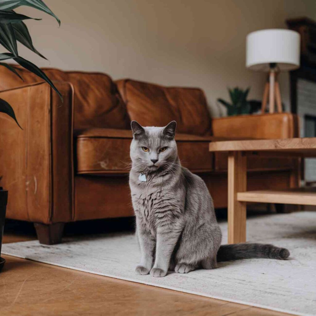 Un chat gris assis seul dans un salon, observant son environnement. Peut-il supporter la solitude prolongée sans conséquence ?