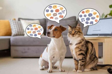 Un chien et un chat assis sur un canapé, semblant « discuter » grâce à des bulles illustrant un langage traduit par l’intelligence artificielle. Cette image illustre la révolution technologique permettant de comprendre les émotions et les pensées des animaux.
