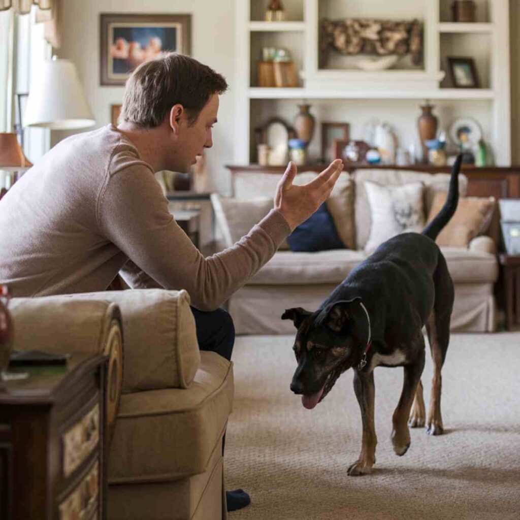 Un maître apprend le rappel à son chien à l'intérieur de son salon en utilisant une approche bienveillante. Le chien noir et feu réagit positivement à son appel.