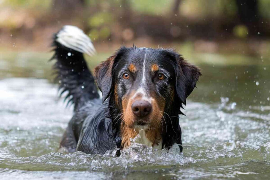 Chien noir et marron nageant dans un canal, une patte levée hors de l’eau, illustrant une découverte inattendue.