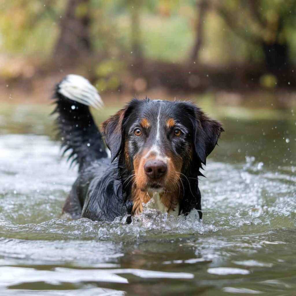 Chien noir et marron nageant dans un canal, une patte levée hors de l’eau, illustrant une découverte inattendue.