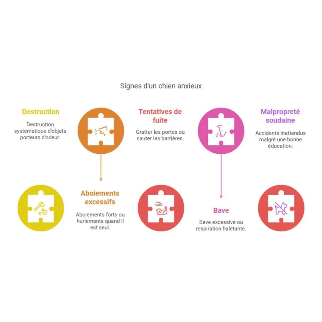 Infographie illustrant les principaux signes de l’anxiété de séparation chez le chien : destructions, aboiements, grattage, malpropreté et stress visible.