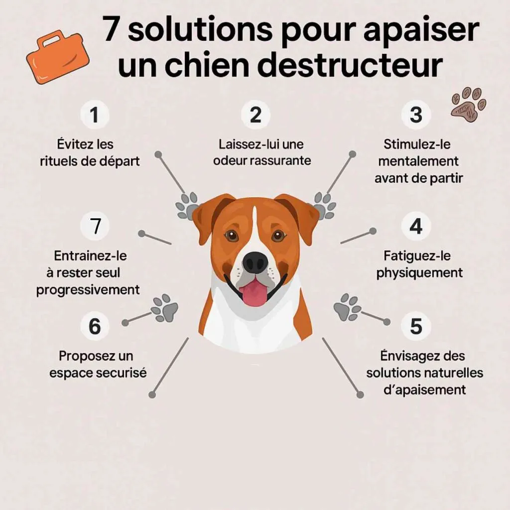 Infographie illustrant 7 solutions concrètes pour calmer un chien qui détruit tout lorsqu’il reste seul : départ neutre, stimulation mentale, odeur rassurante, etc