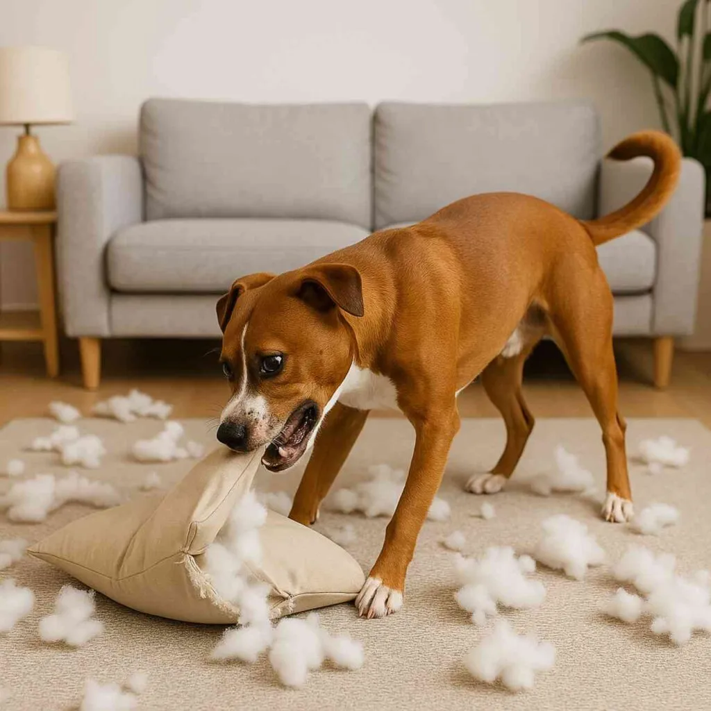 Chien destructeur en train de mordre un coussin dans un salon, entouré de rembourrage, illustrant un comportement lié à l’anxiété de séparation.