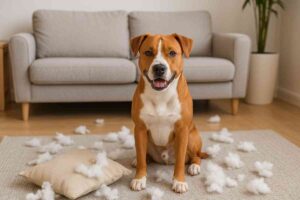 Chien destructeur assis dans un salon, entouré de rembourrage de coussin qu’il a déchiré, illustrant un comportement lié à l’anxiété de séparation.